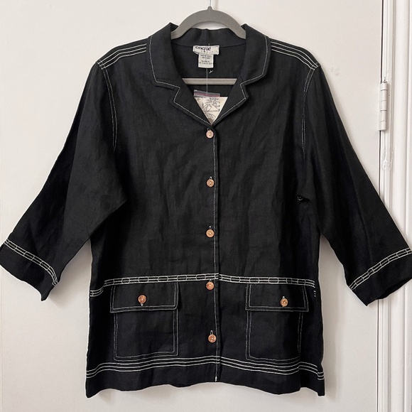 Onque Casuals Jackets & Blazers - ONQUE Casuals Black LINEN Jacket 3/4 Sleeve Size Large Wood Buttons Front Pocket